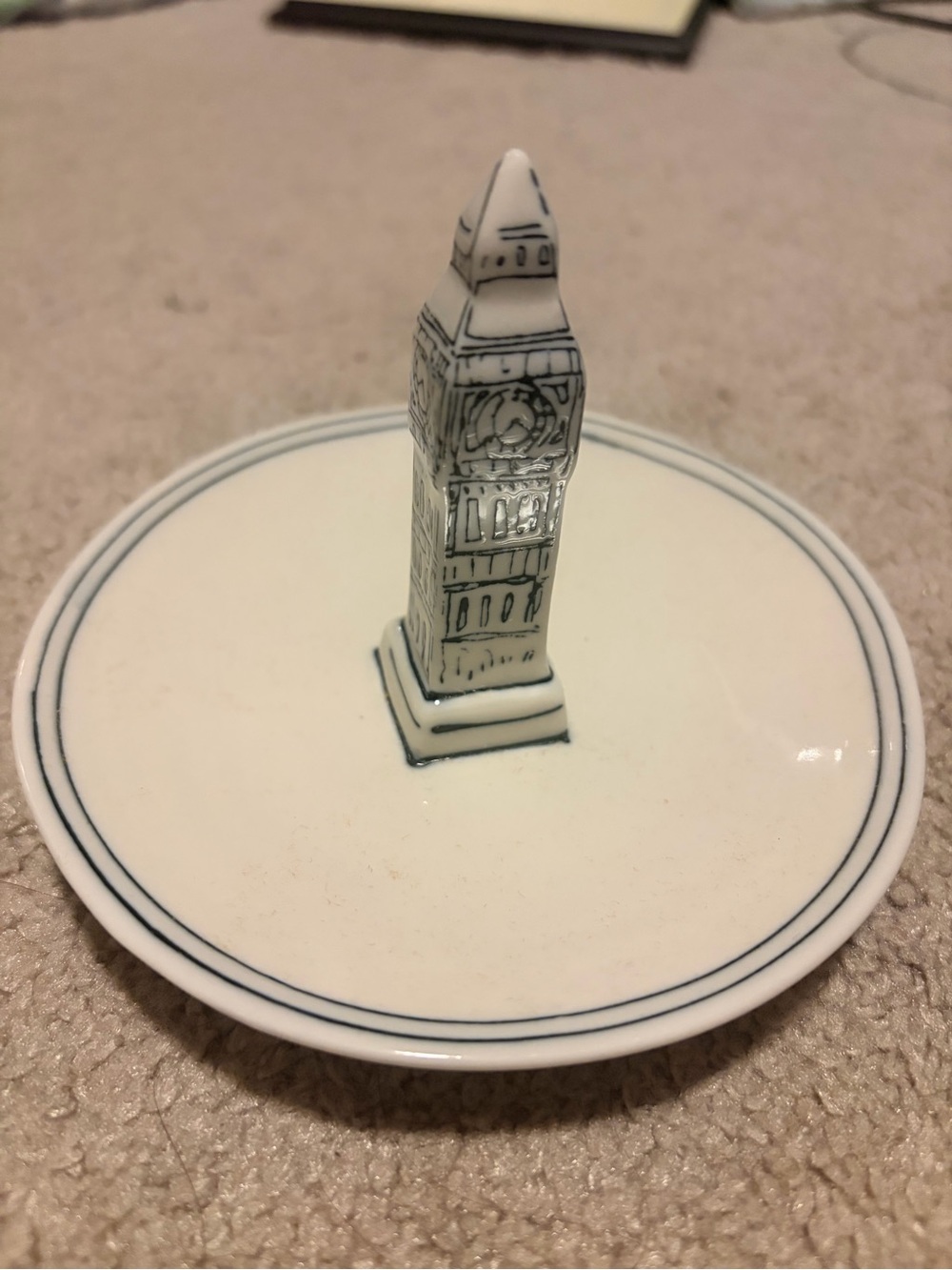 Ceramic Big Ben Ring/Trinket Dish in White with Blue Detail
